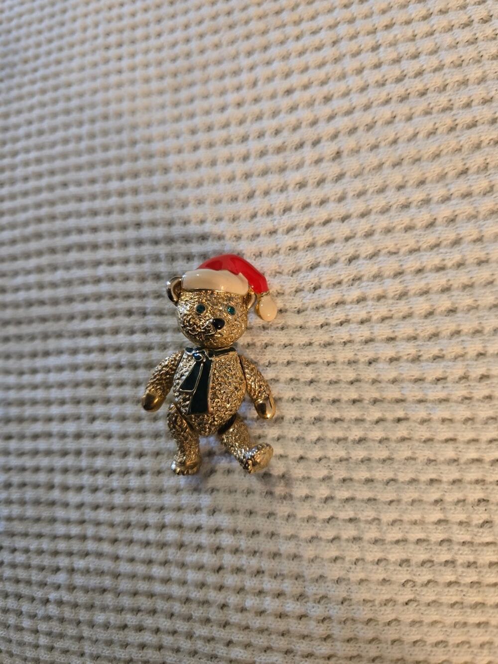 Vintage Batya Teddy Bear Brooch Pendant Santa Hat – Signed, Articulated, No Wear